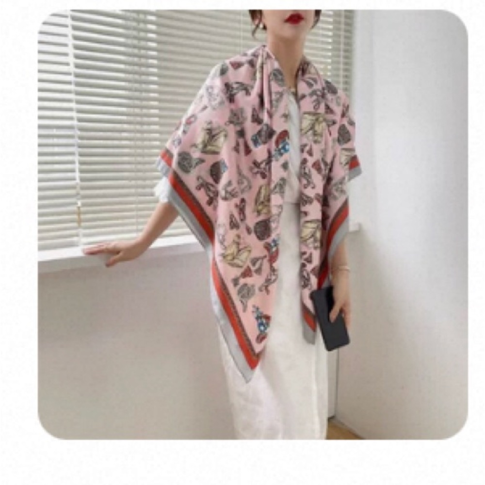 Silky Equestrian Print Scarf in Blush Pink 130cm x 130cm